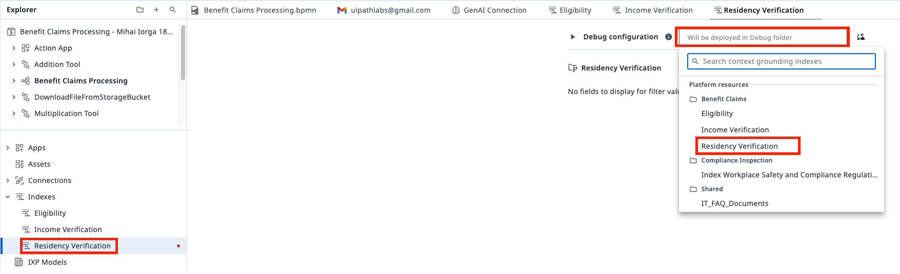 Studio Web with the Residency Verification index selected in the Explorer and the context grounding index picker open, showing Residency Verification under Benefit Claims in Platform resources