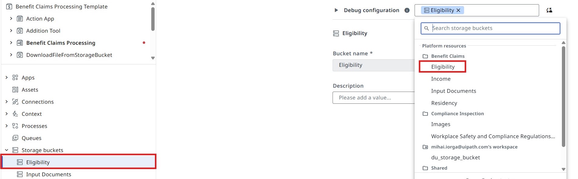 Debug configuration panel mapping the Bucket name field to the Eligibility storage bucket