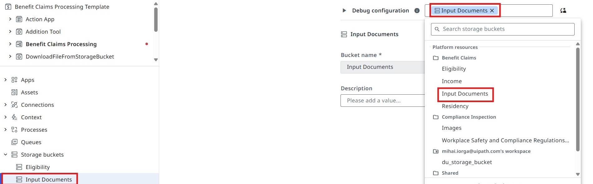 Debug configuration panel mapping the Bucket name field to the Input Documents storage bucket