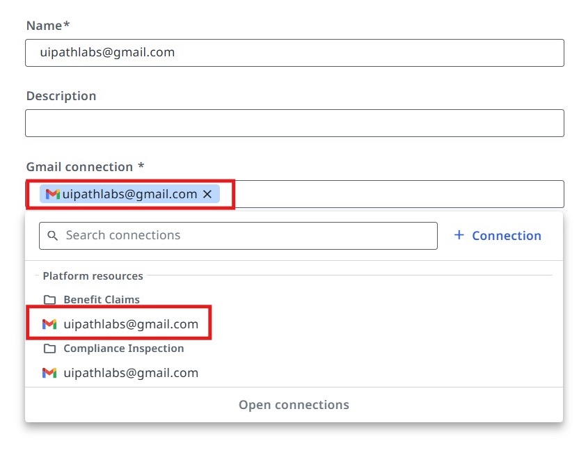 Gmail connection form with the Name field set to uipathlabs@gmail.com and the connection dropdown open