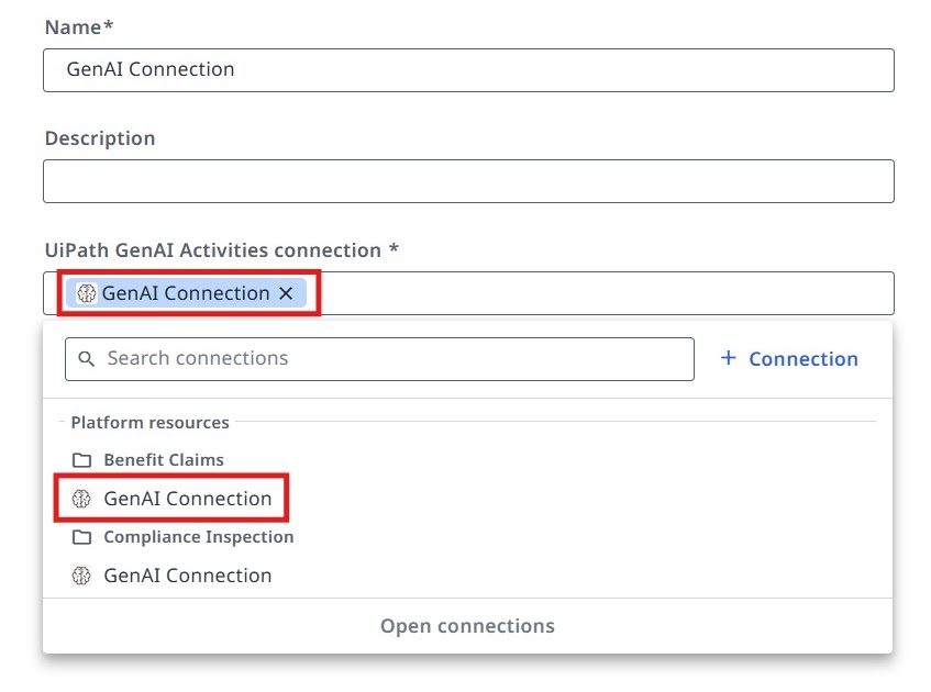Connection form with the Name field set to GenAI Connection and the UiPath GenAI Activities connection selector open