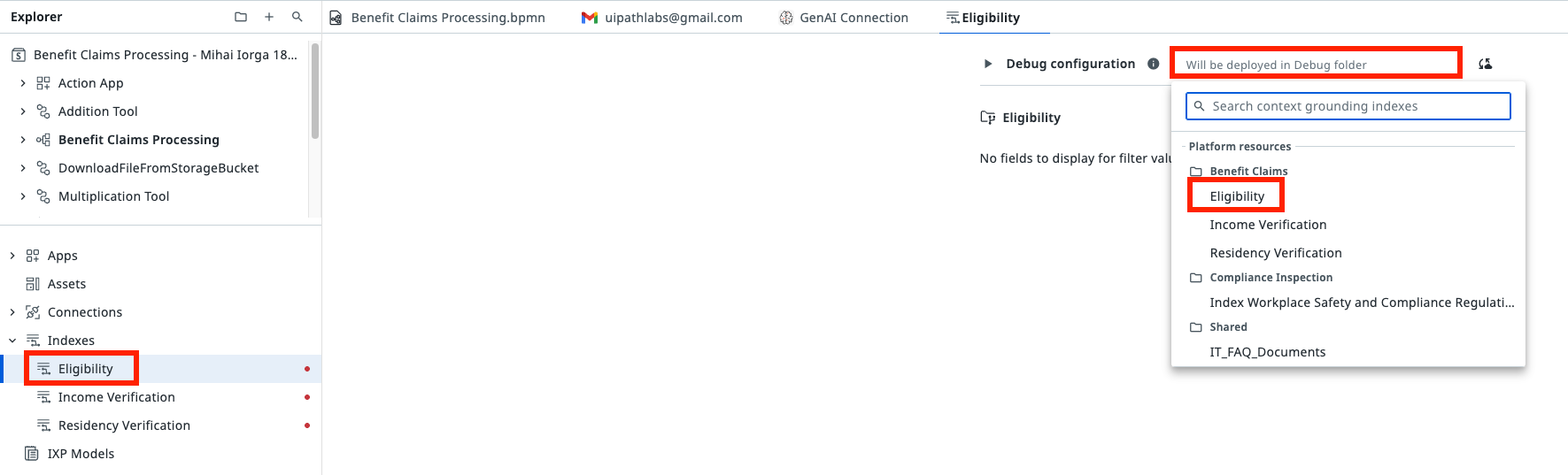 Studio Web with the Eligibility index selected in the Explorer and the context grounding index picker open, showing Eligibility under Benefit Claims in Platform resources