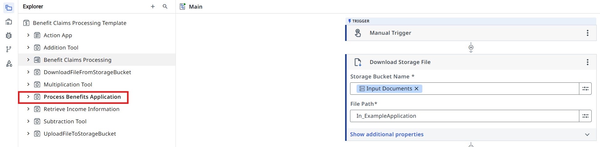 Studio Web Explorer with the Process Benefits Application workflow open in the designer canvas