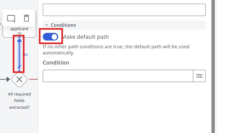 BPMN designer with the "All required fields extracted?" gateway and the "No" path selected