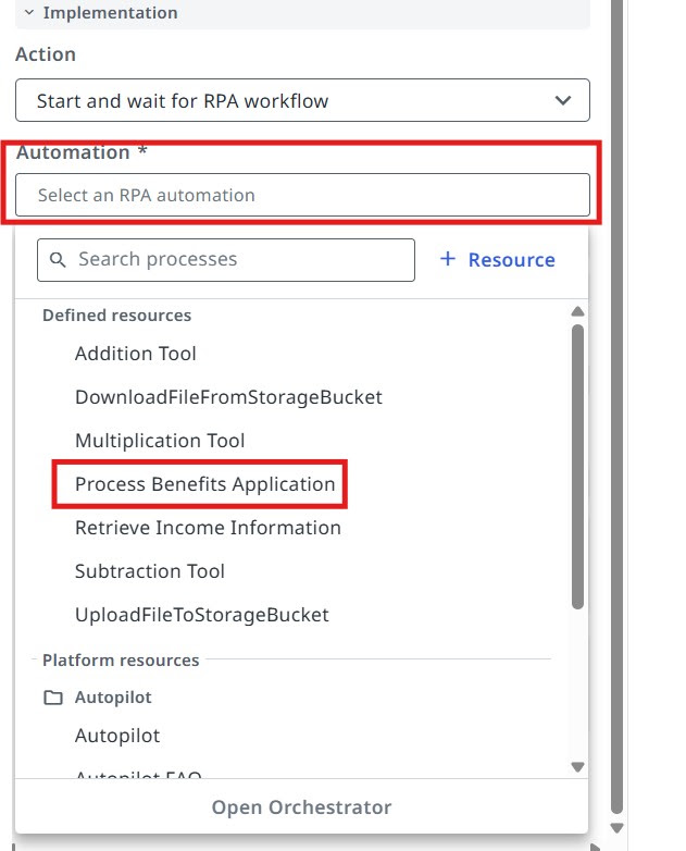 Implementation panel with the Action set to "Start and wait for RPA workflow"