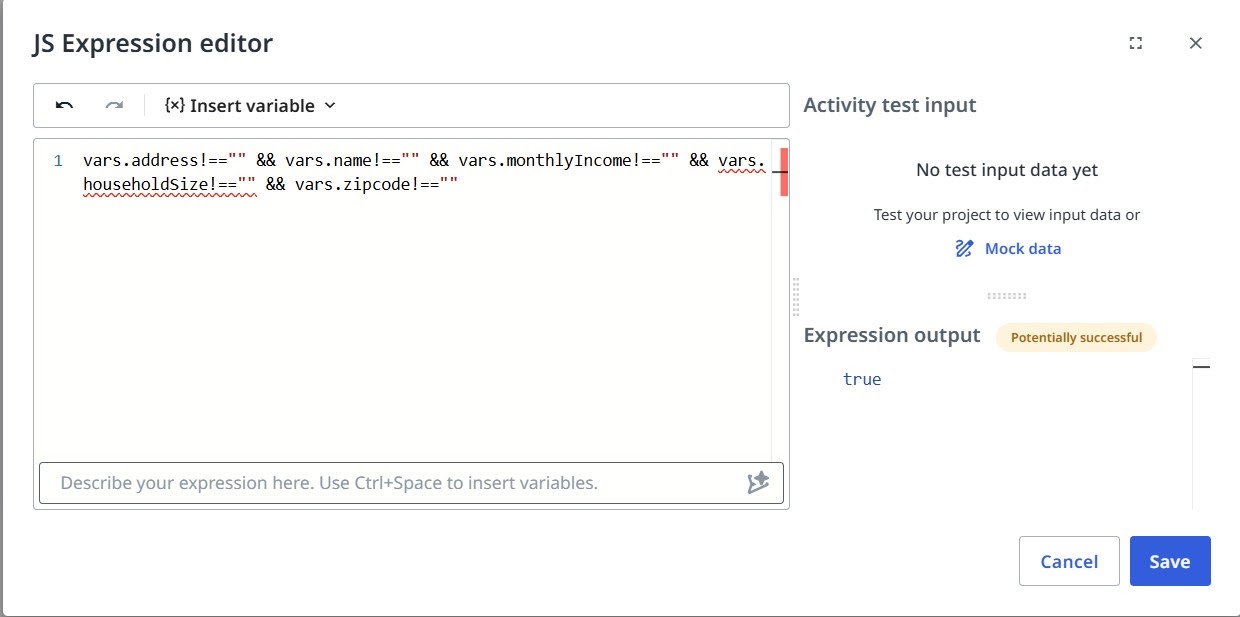 JS Expression editor dialog with the validation expression entered and the output showing true