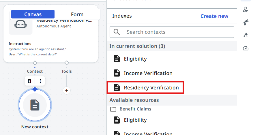 Context picker with Residency Verification listed under "In current solution"