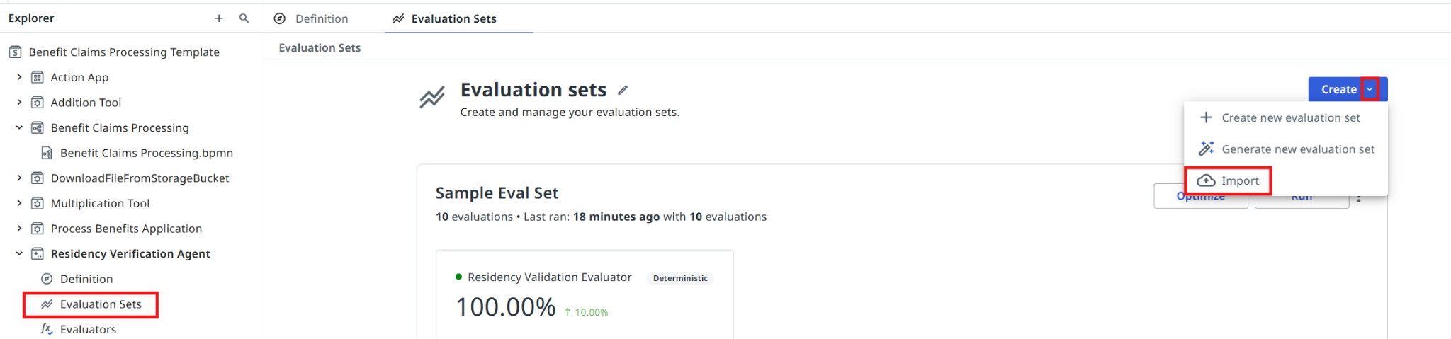 Evaluation sets page with the Create dropdown open showing the Import option