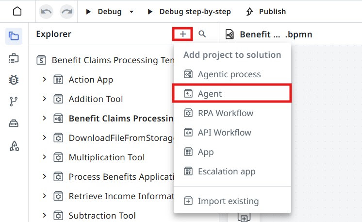 Add project to solution menu with the Agent option highlighted