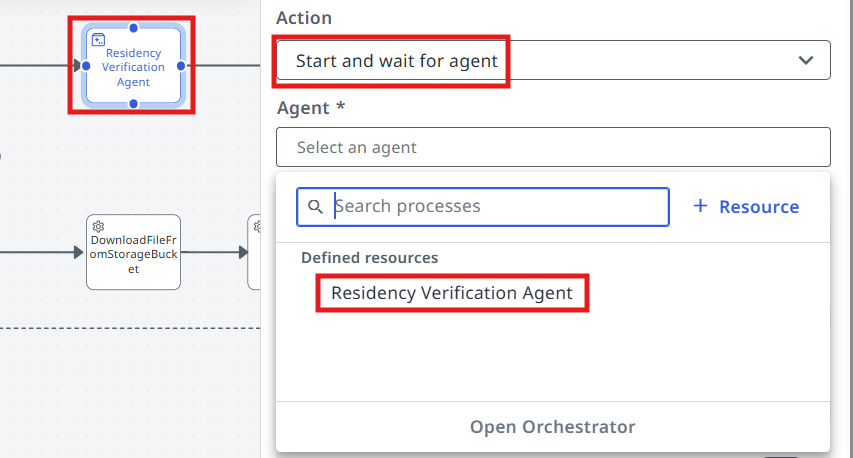 Agent dropdown with Residency Verification Agent listed under Defined resources