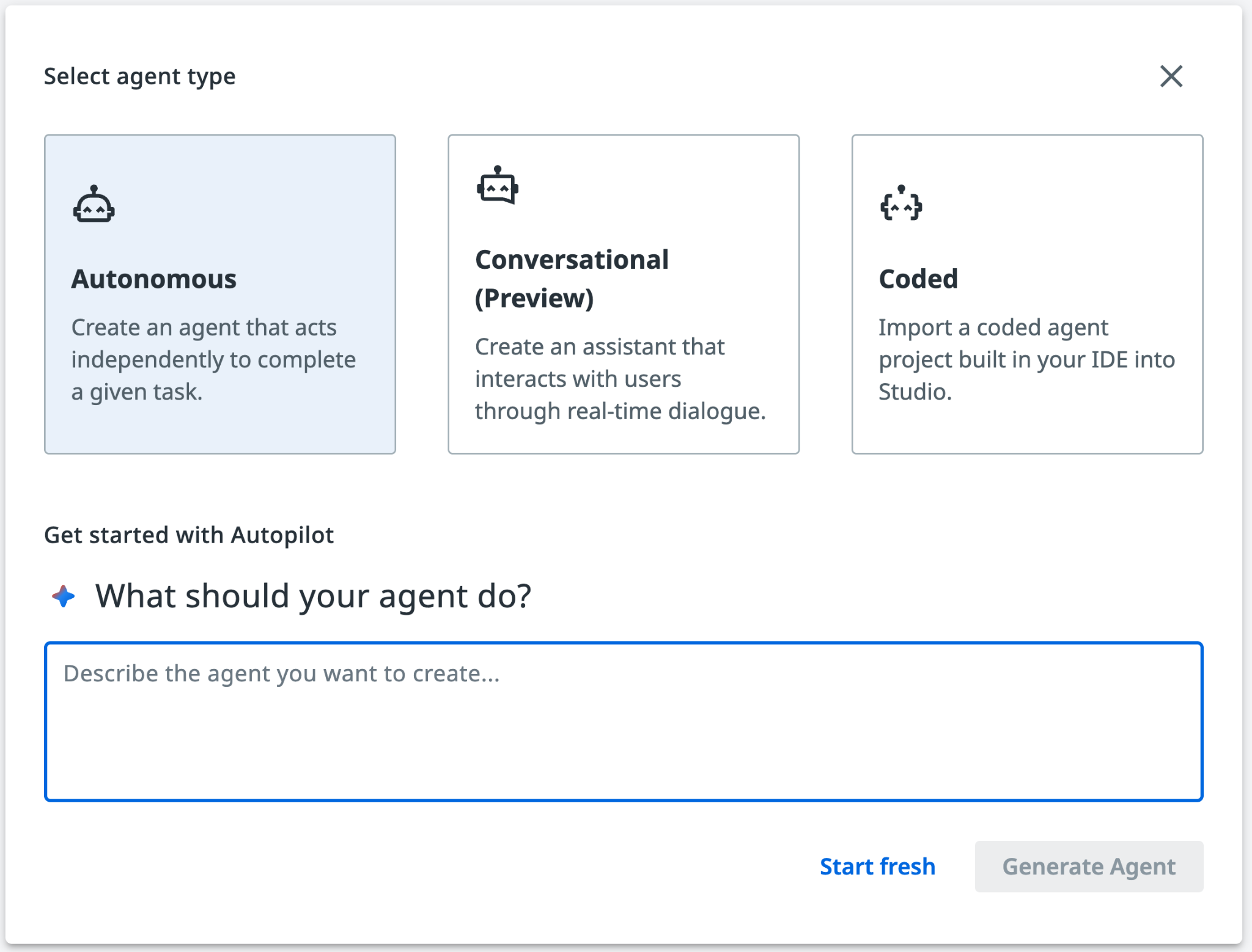 Agent creation screen with the Autonomous agent type selected and the name set to Residency Verification Agent