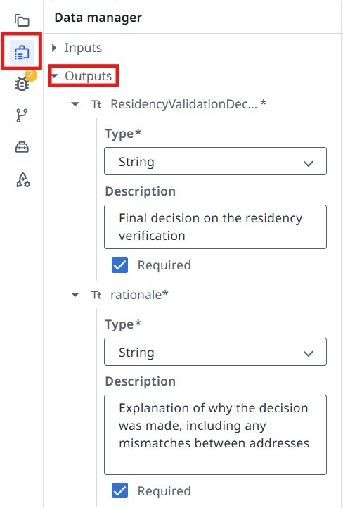 Data manager panel with the Outputs section expanded
