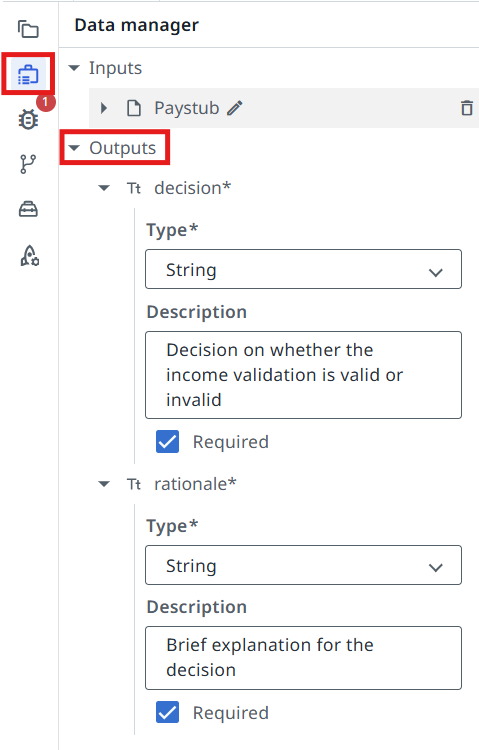 Data manager Outputs section with the decision output configured
