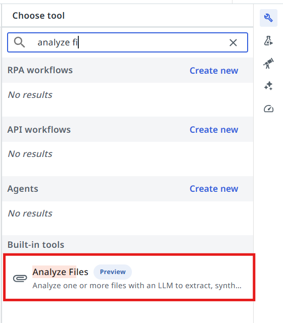 Tool picker showing the Analyze Files built-in tool result