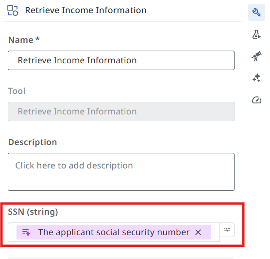 Tool configuration with the SSN field prompt and Description filled in