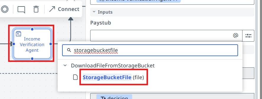 Dropdown mapping StorageBucketFile to the agent's Paystub input