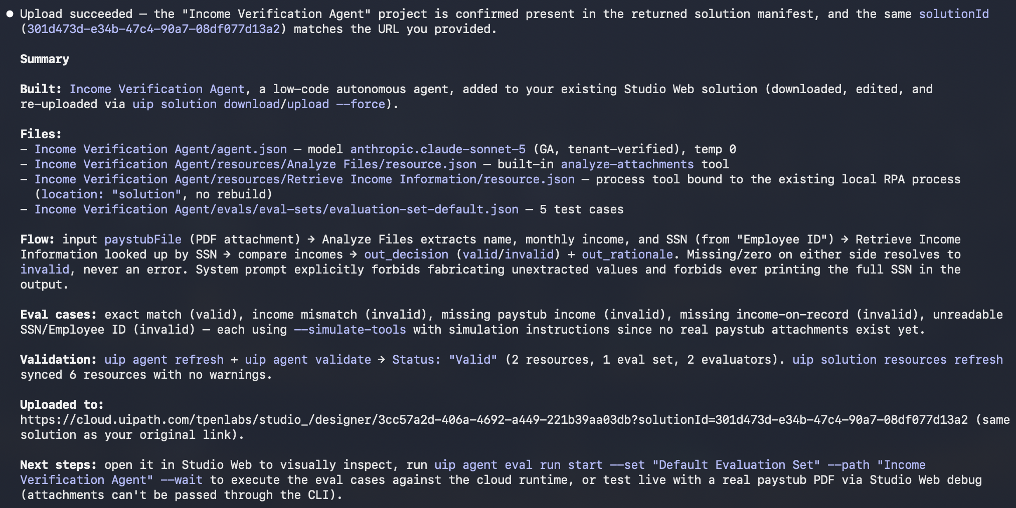 Claude Code's summary after building the Income Verification Agent — files created, flow, eval cases, validation, and the Studio Web upload confirmation
