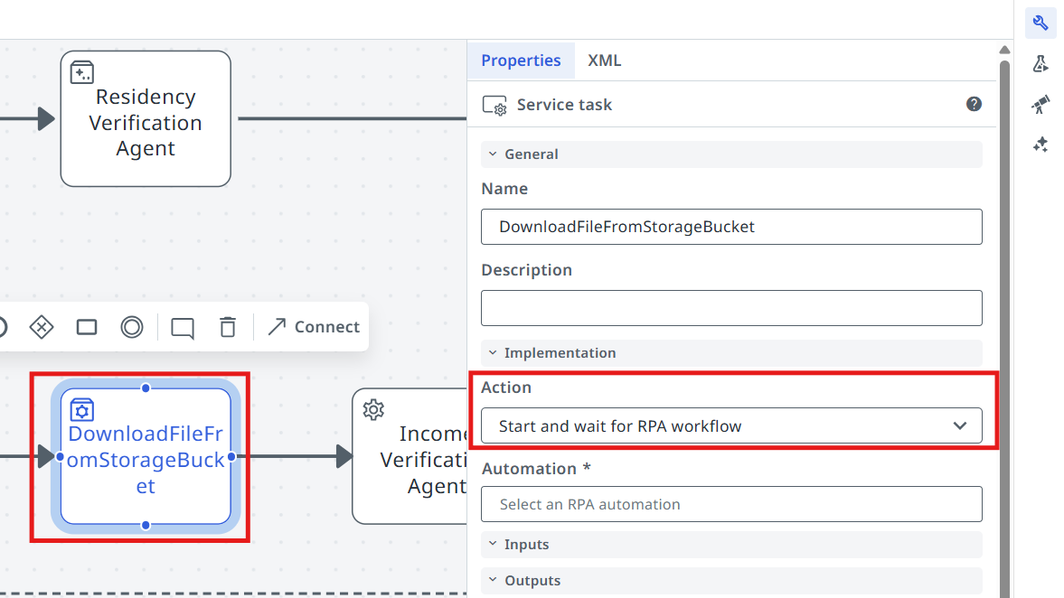 Implementation panel with the Action dropdown set to "Start and wait for RPA workflow"