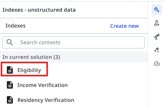 Context picker with the Eligibility index listed under "In current solution"