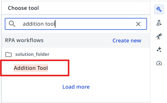 Tool picker with the Addition Tool result under RPA workflows