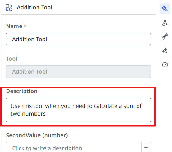 Tool configuration with the description entered
