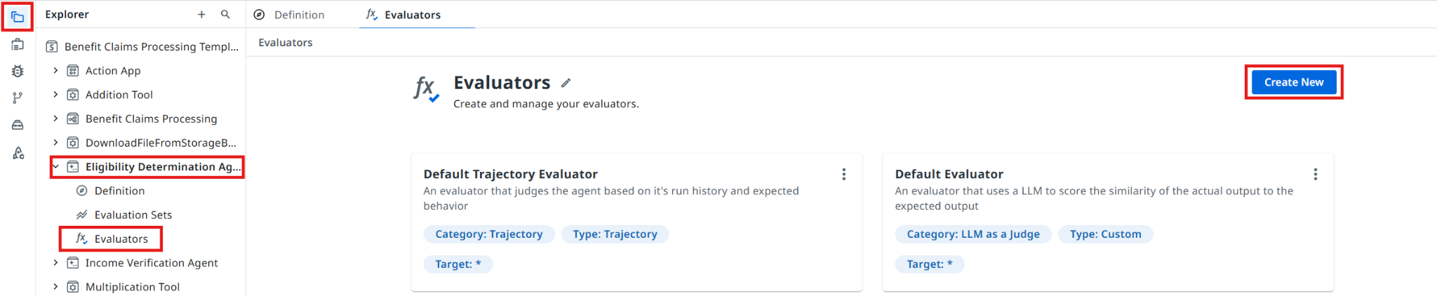 Evaluators page with the Create New button in the upper-right corner