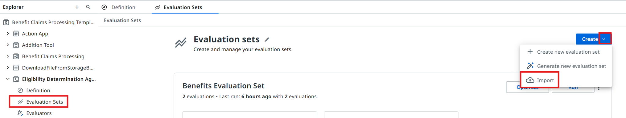 Evaluation sets page with the Create dropdown open showing the Import option