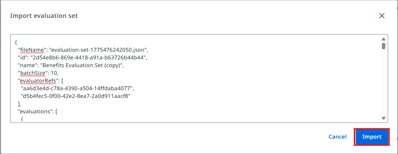 Import window with the evaluation set JSON pasted in