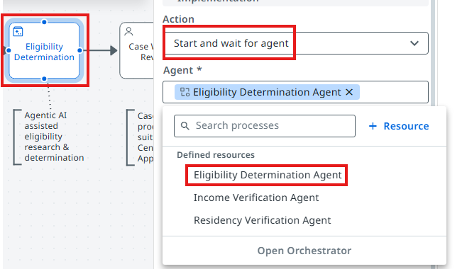 Eligibility Determination step selected with the agent picker open