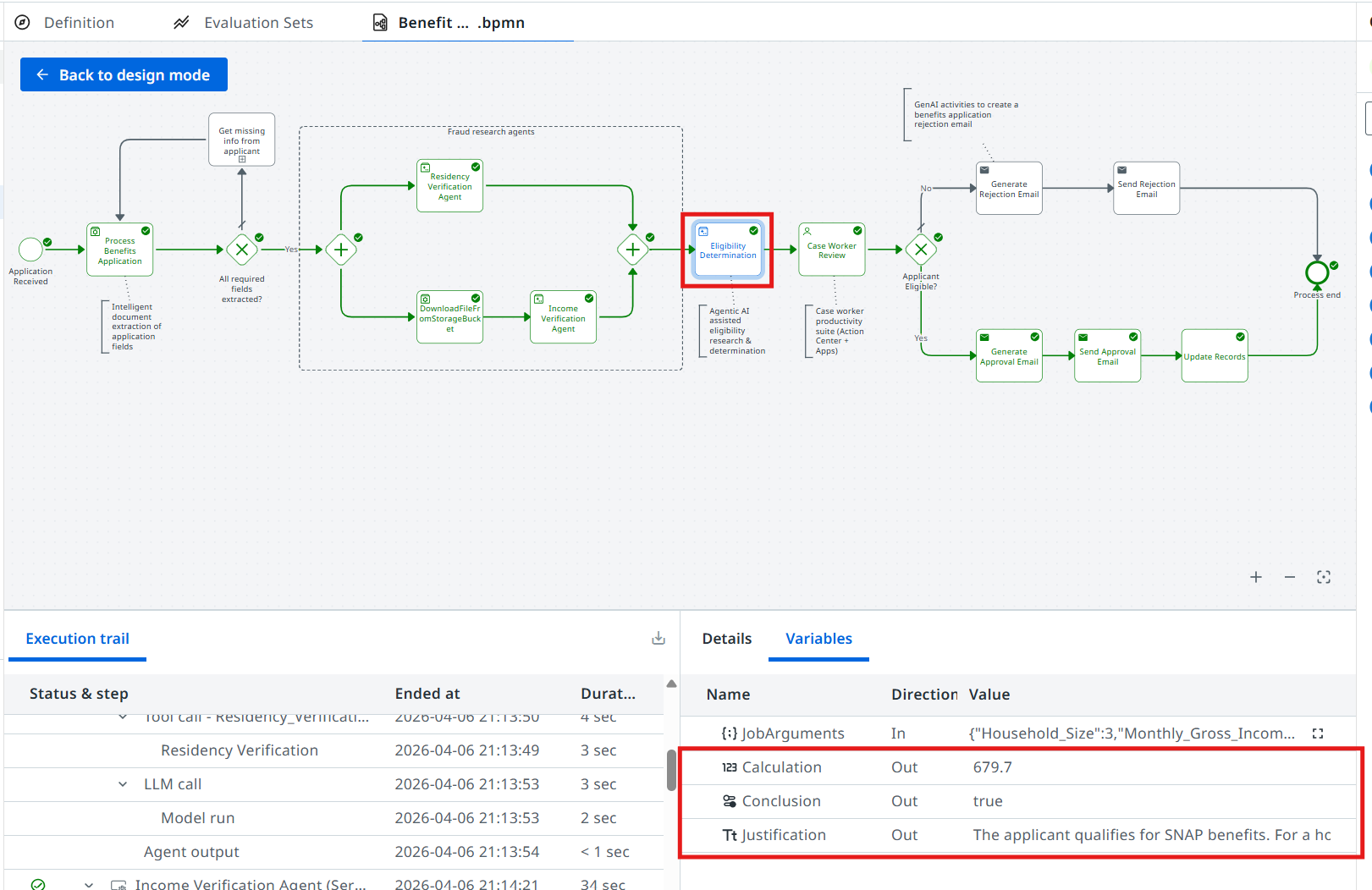 Completed execution showing the Eligibility Determination Agent's output