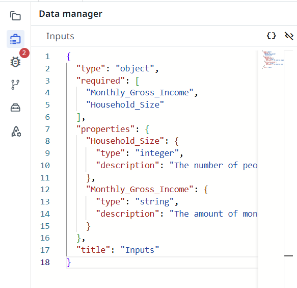 Inputs JSON editor with the schema entered