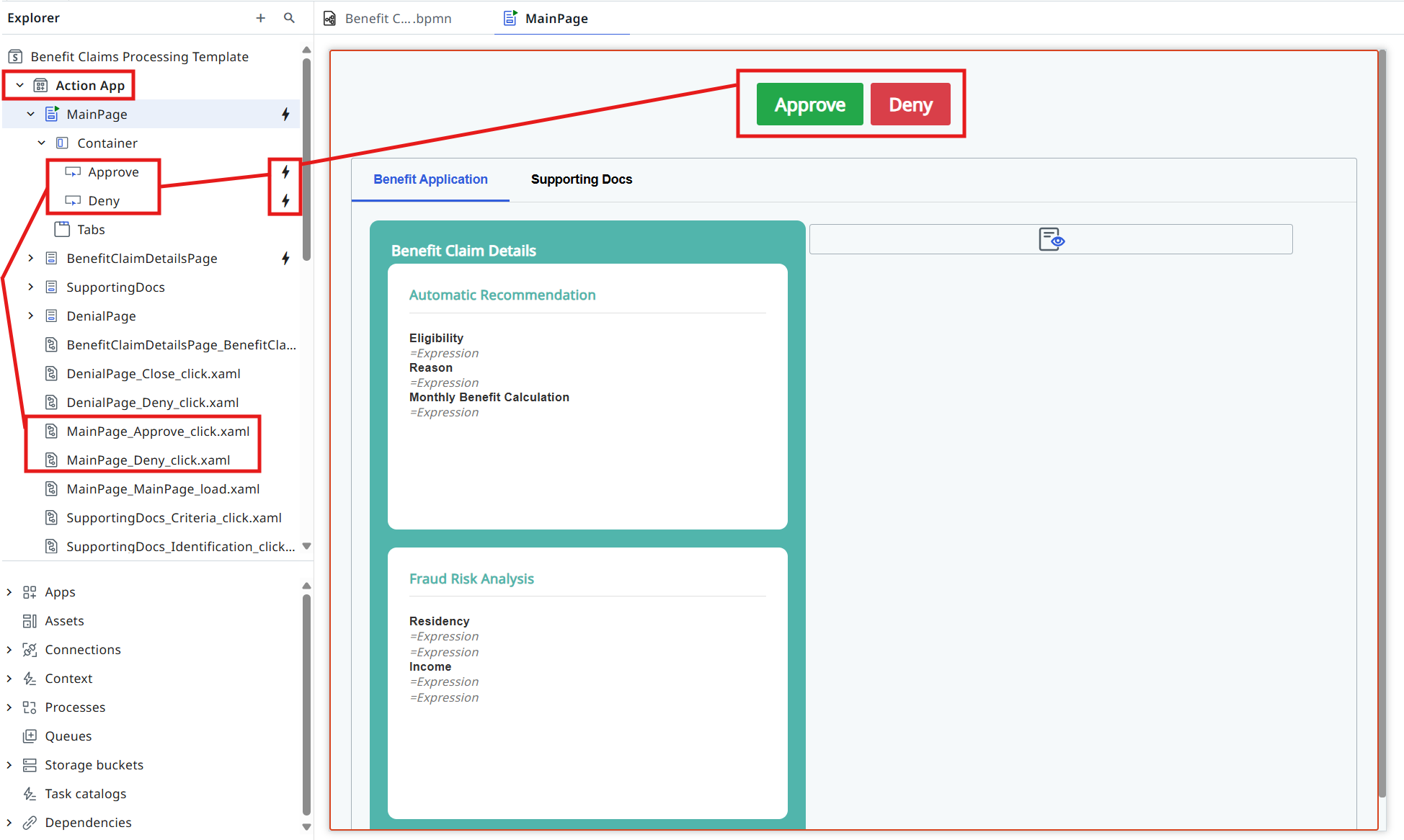 Action App designer for the Benefit Claims Processing template
