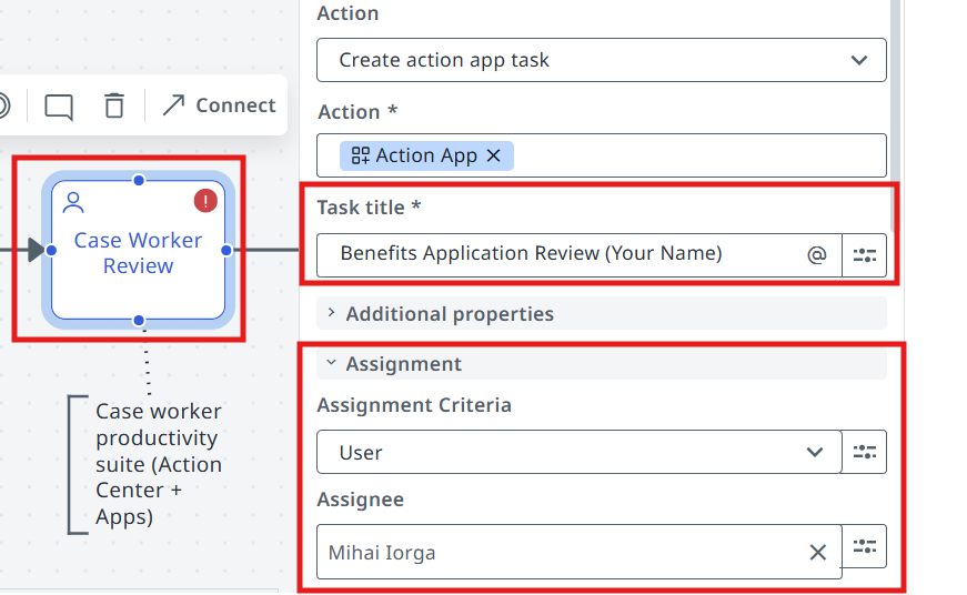 Workflow designer with the action task configured to use the Action App