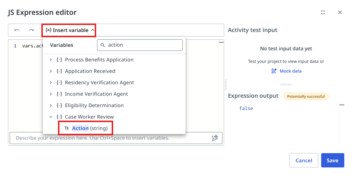 JS Expression editor with the Case Worker Review Action variable available