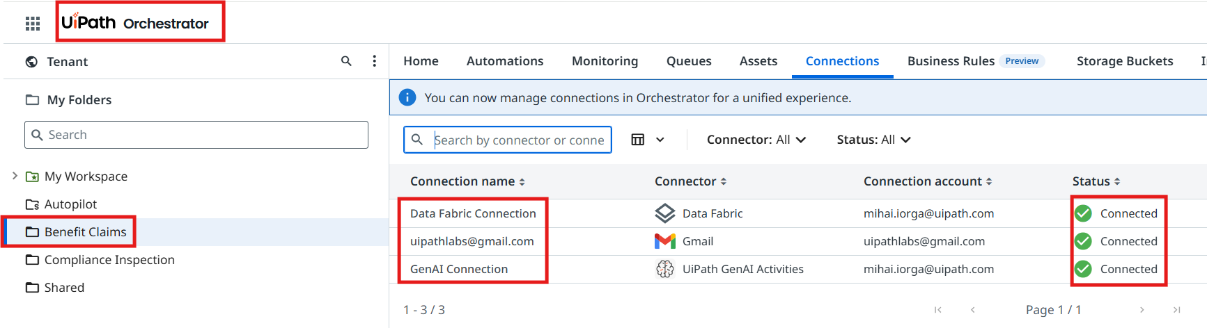 Orchestrator with the Benefit Claims folder selected, showing the available connections