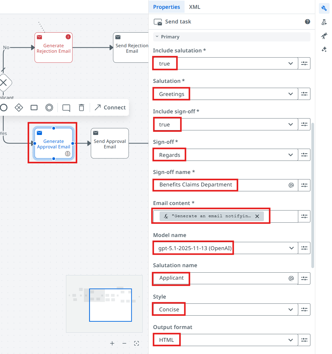 Generate Email activity properties panel