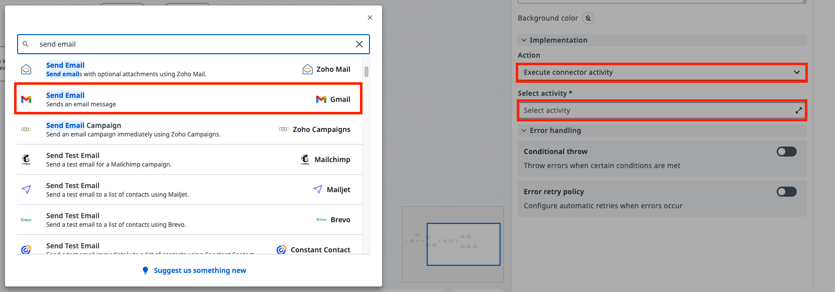 Activity picker searching for "send email" with the Gmail Send Email result highlighted, and the Action set to Execute connector activity
