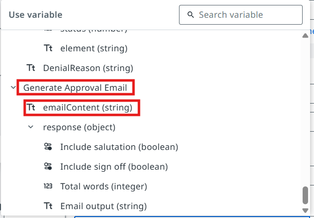 Variable picker showing the emailContent output variable