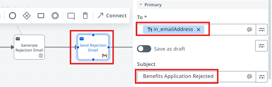 Gmail email activity with the uipathlabs@gmail.com connection selected
