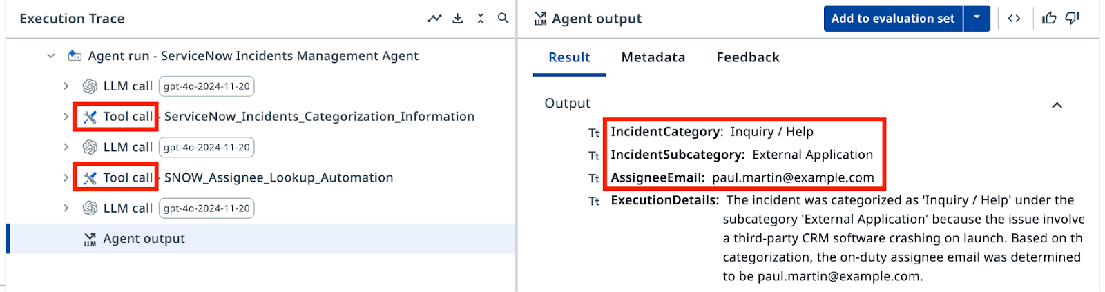 Agent test output with execution trace