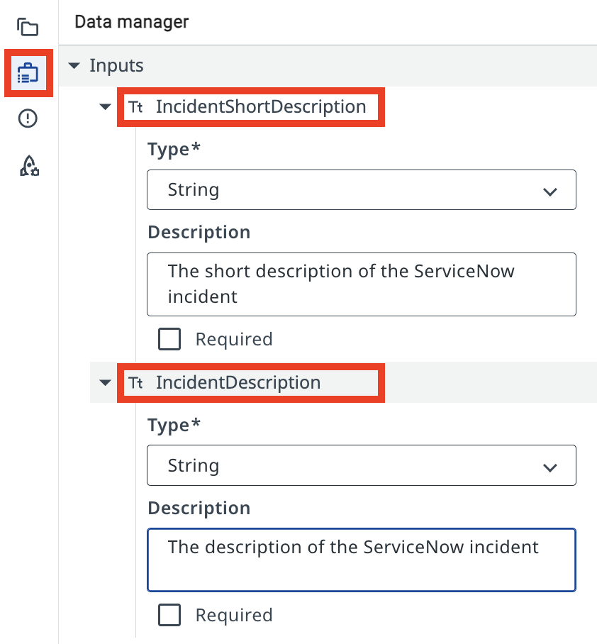 Input arguments configured in Data Manager