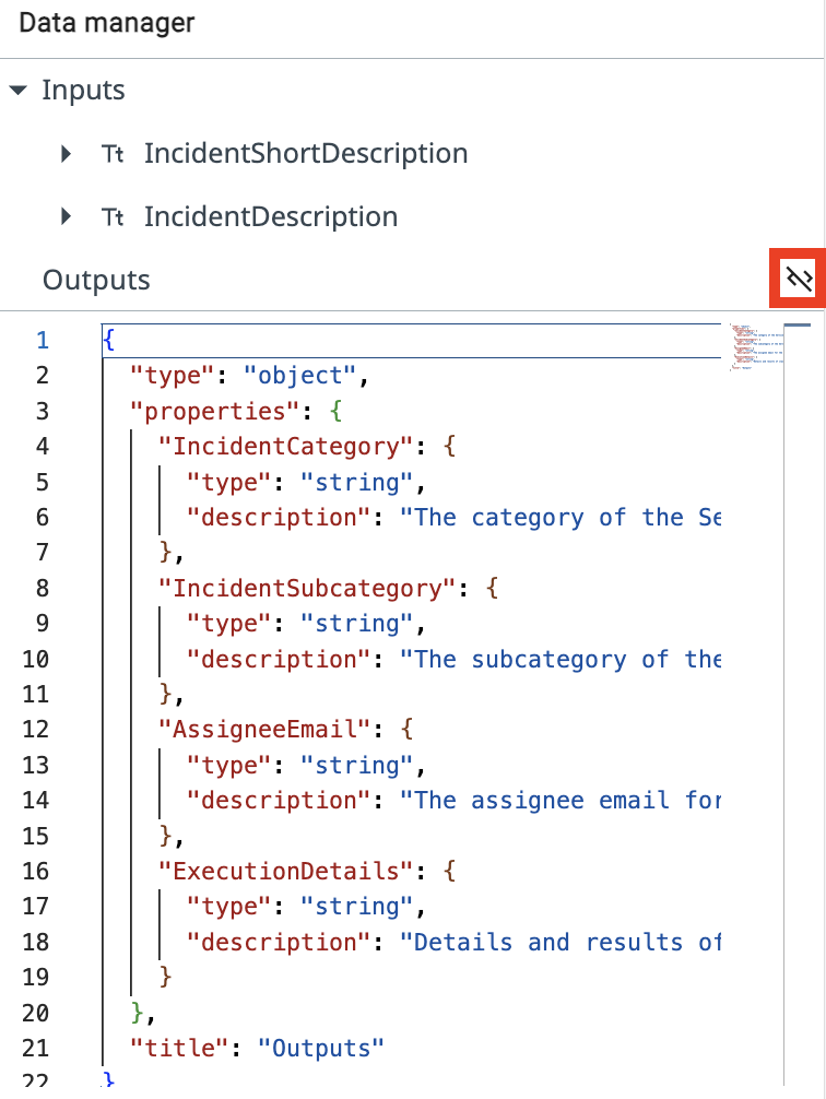 Output arguments in Data Manager JSON editor