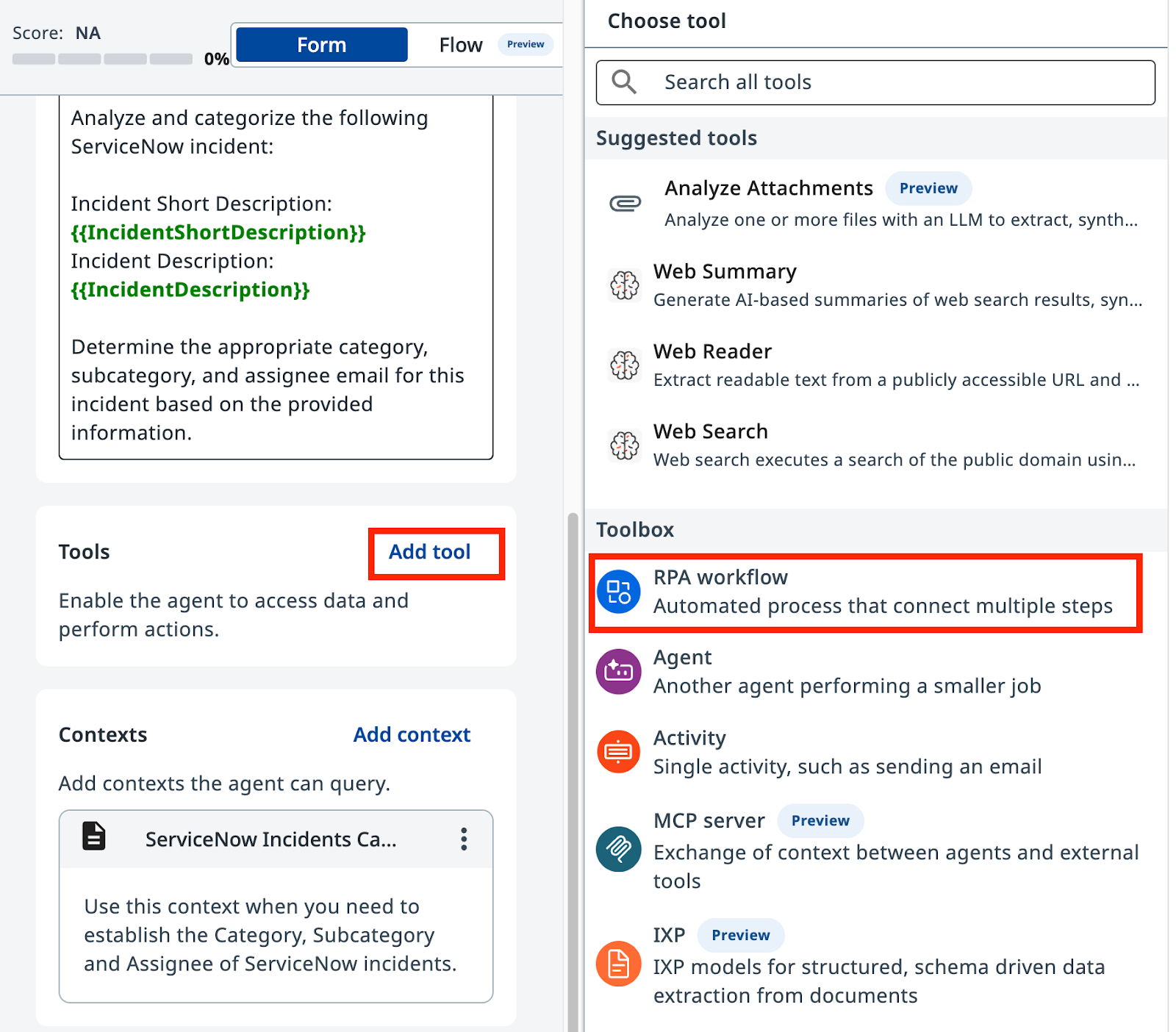 Adding RPA tool in Agent Builder