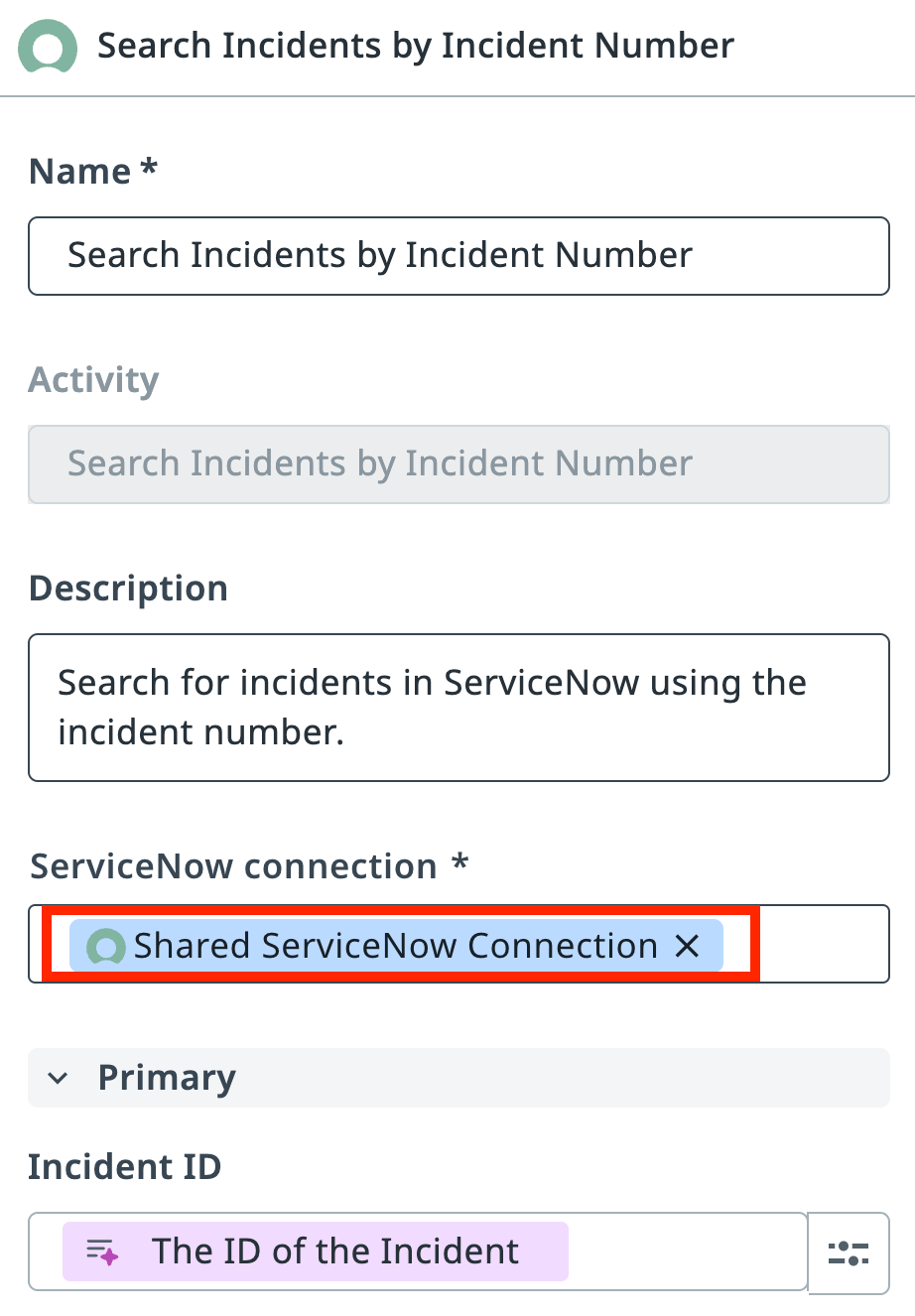 Shared ServiceNow connection selected