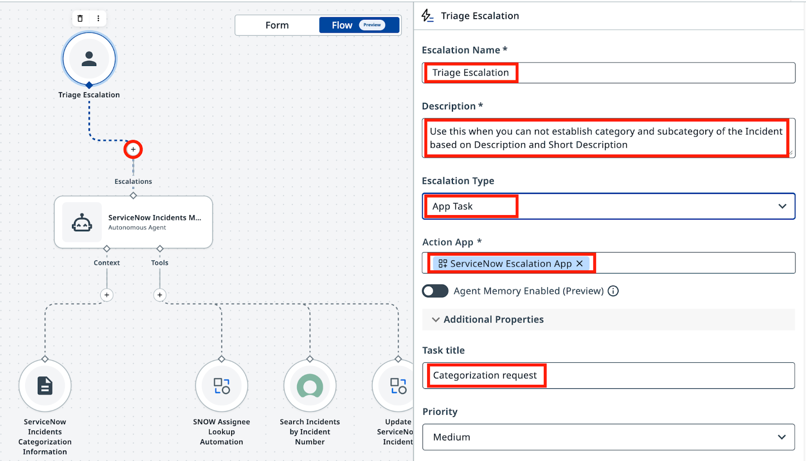Escalation app selected from ServiceNow Incidents folder