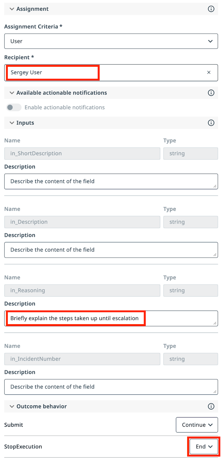 Escalation tool configuration with prompt and arguments