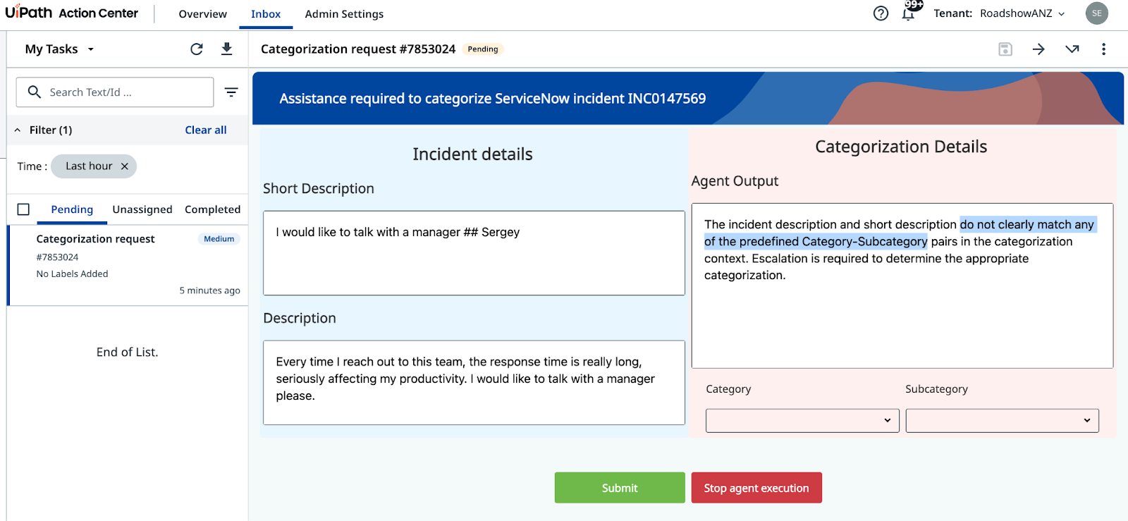 Action Center task created for the escalated incident