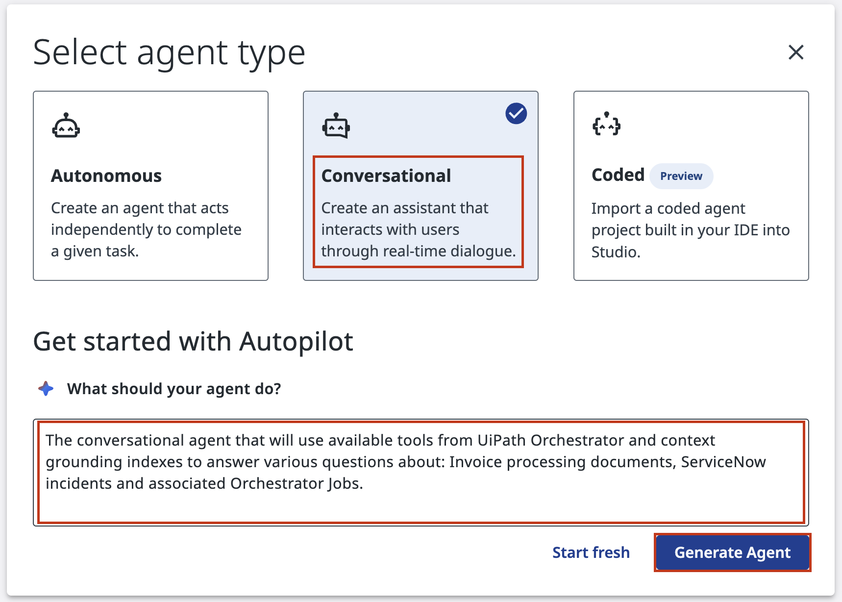 1. Create a Conversational Agent - Agentic Automation Workshop