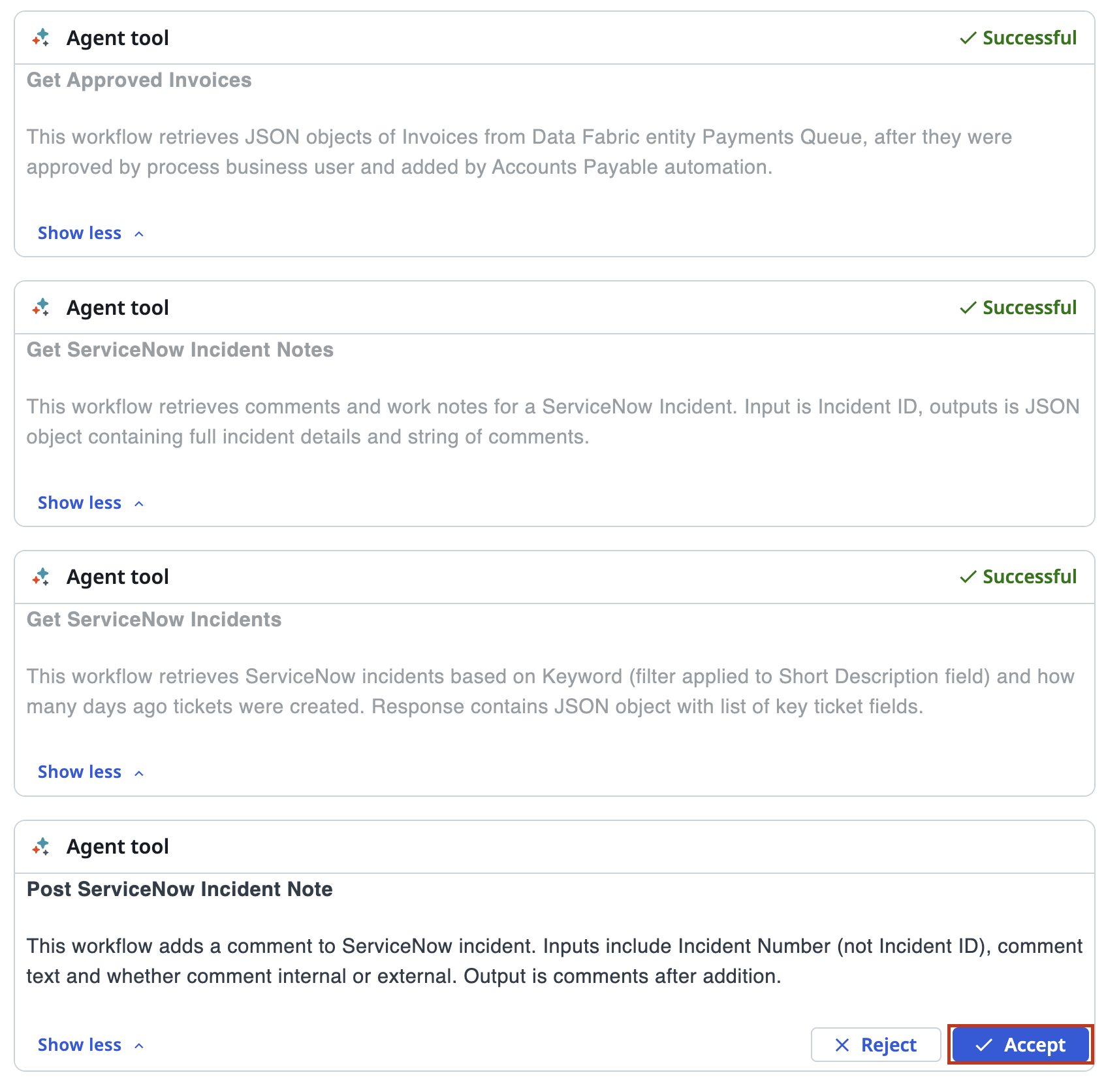List of available tools discovered by Autopilot, with Accept button highlighted