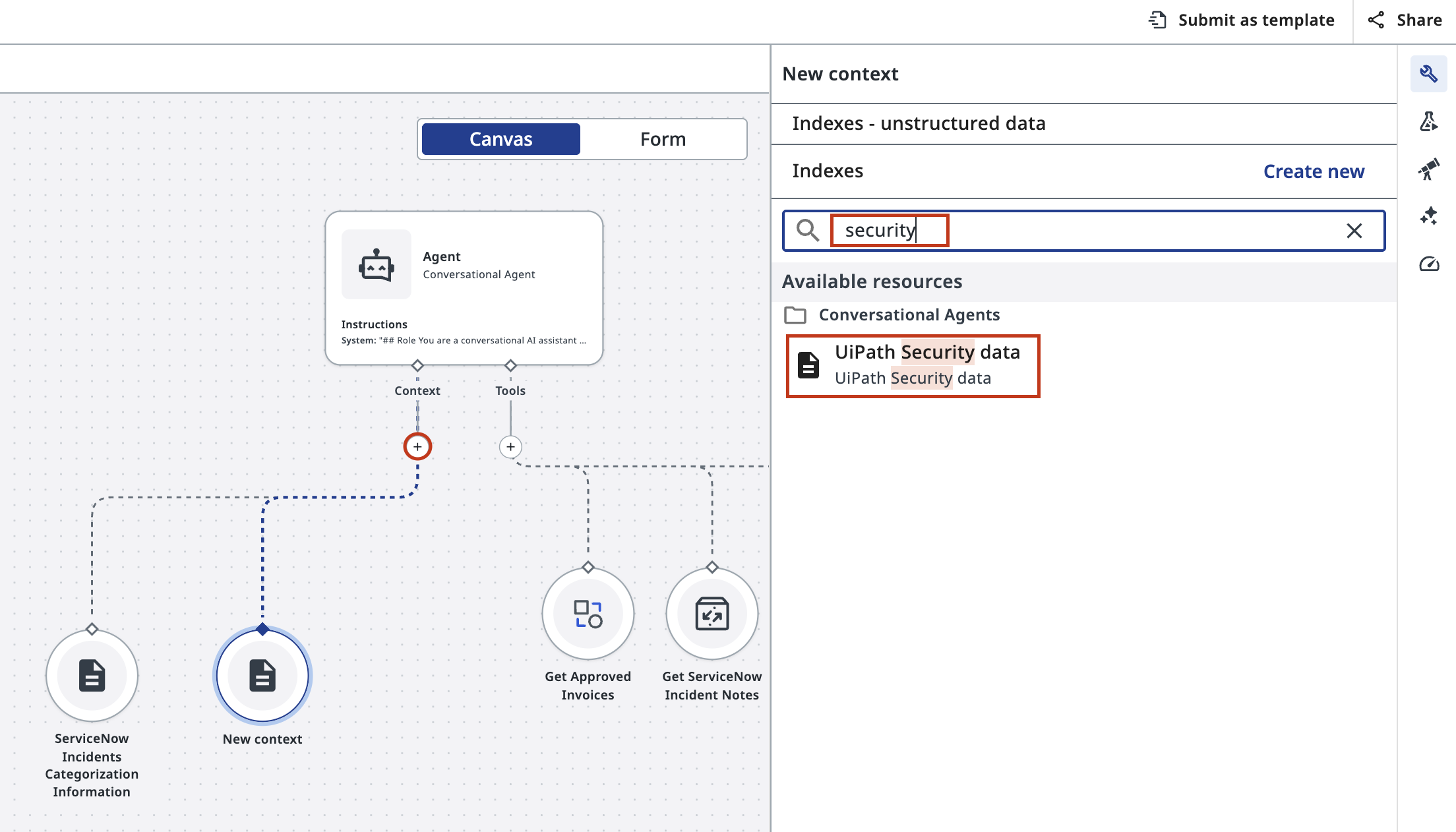 Agent canvas showing Context connection point with the add button highlighted